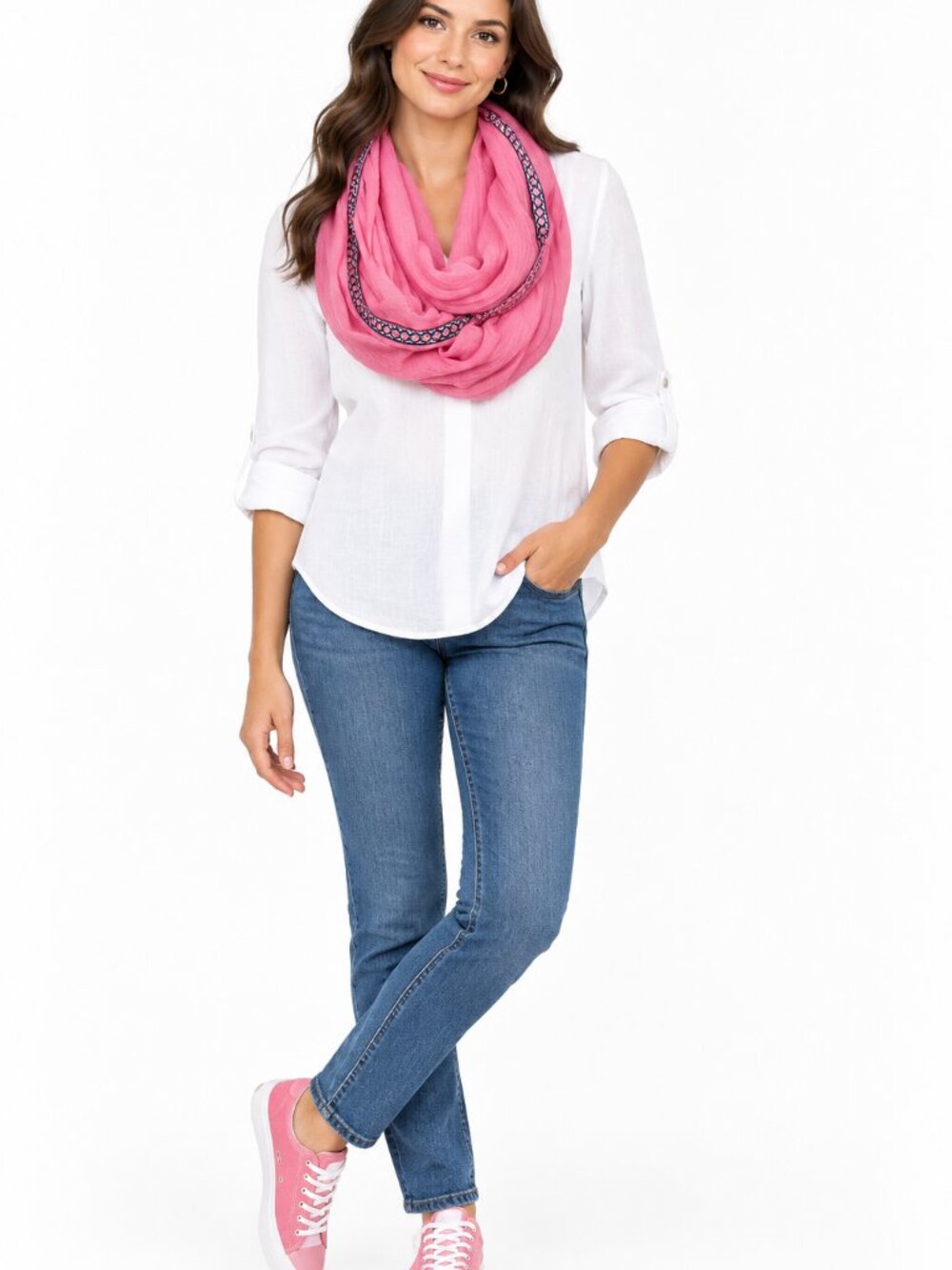 Scarf, soft Pink Infinity Scarf with Decorative Trim - Women's Accessory